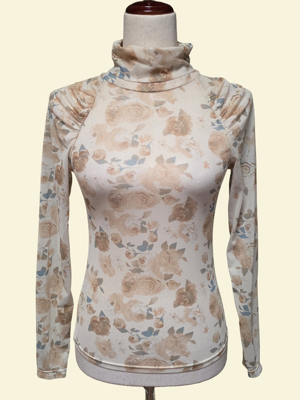 Intimately Free People Yellow Cream Floral Mesh Long Sleeve Turtleneck Top